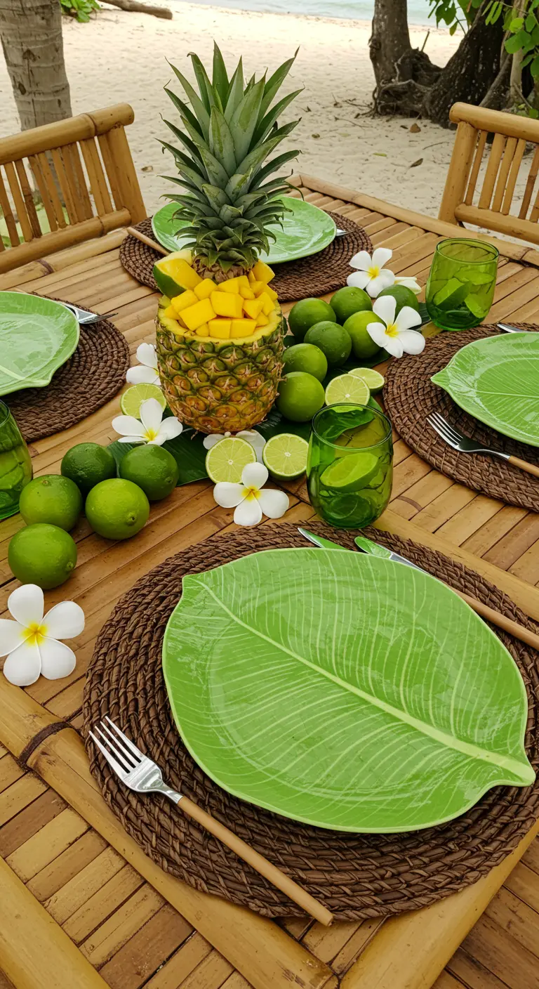 A tropical table setting with a hollowed-out pineapple filled with fruit and lime decor.
