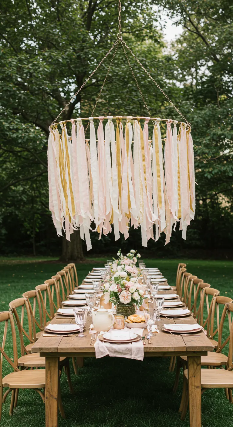 A large ring with long pink and gold ribbons hanging over an outdoor dining table.