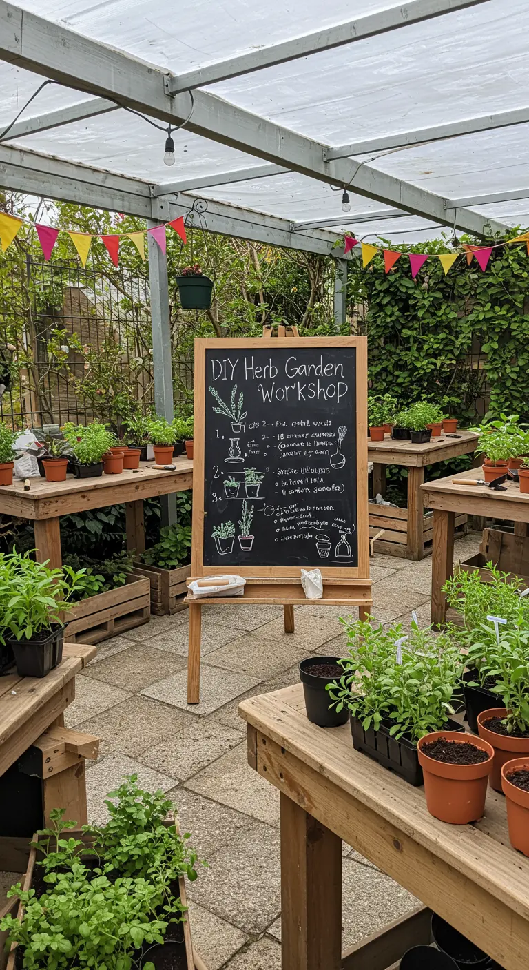 A chalkboard on an easel with instructions for a DIY herb garden workshop.