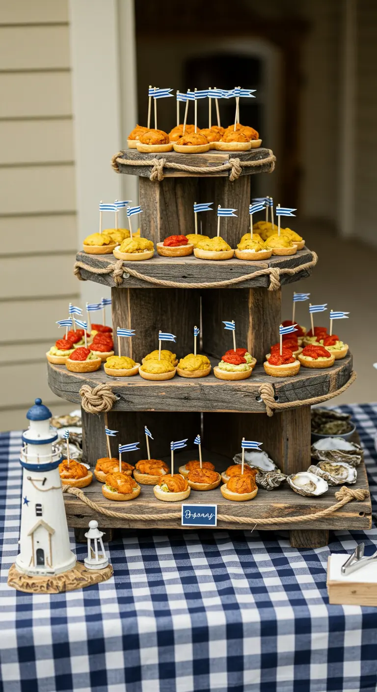 Three-tiered wooden stand serving appetizers, decorated with rope details and mini flags.