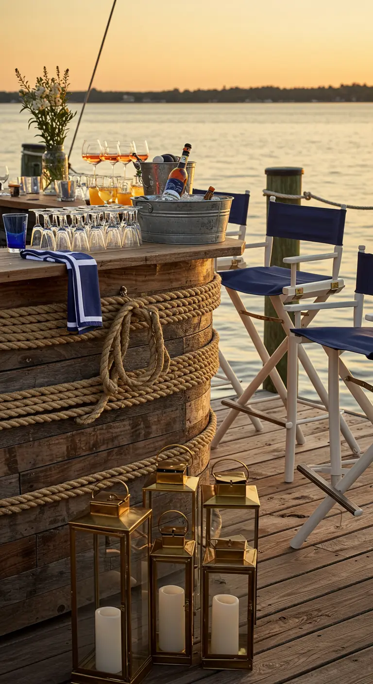 Rope-wrapped outdoor bar on a dock with brass lanterns and glasses of rosé at sunset.