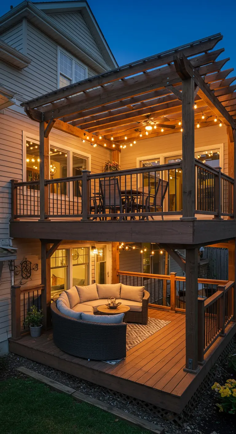 A two-story deck with a pergola on the top level and a cozy seating area on the bottom.