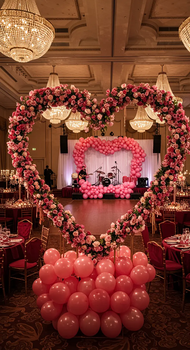A floral heart arch perfectly framing a pink balloon heart on a stage in a ballroom.