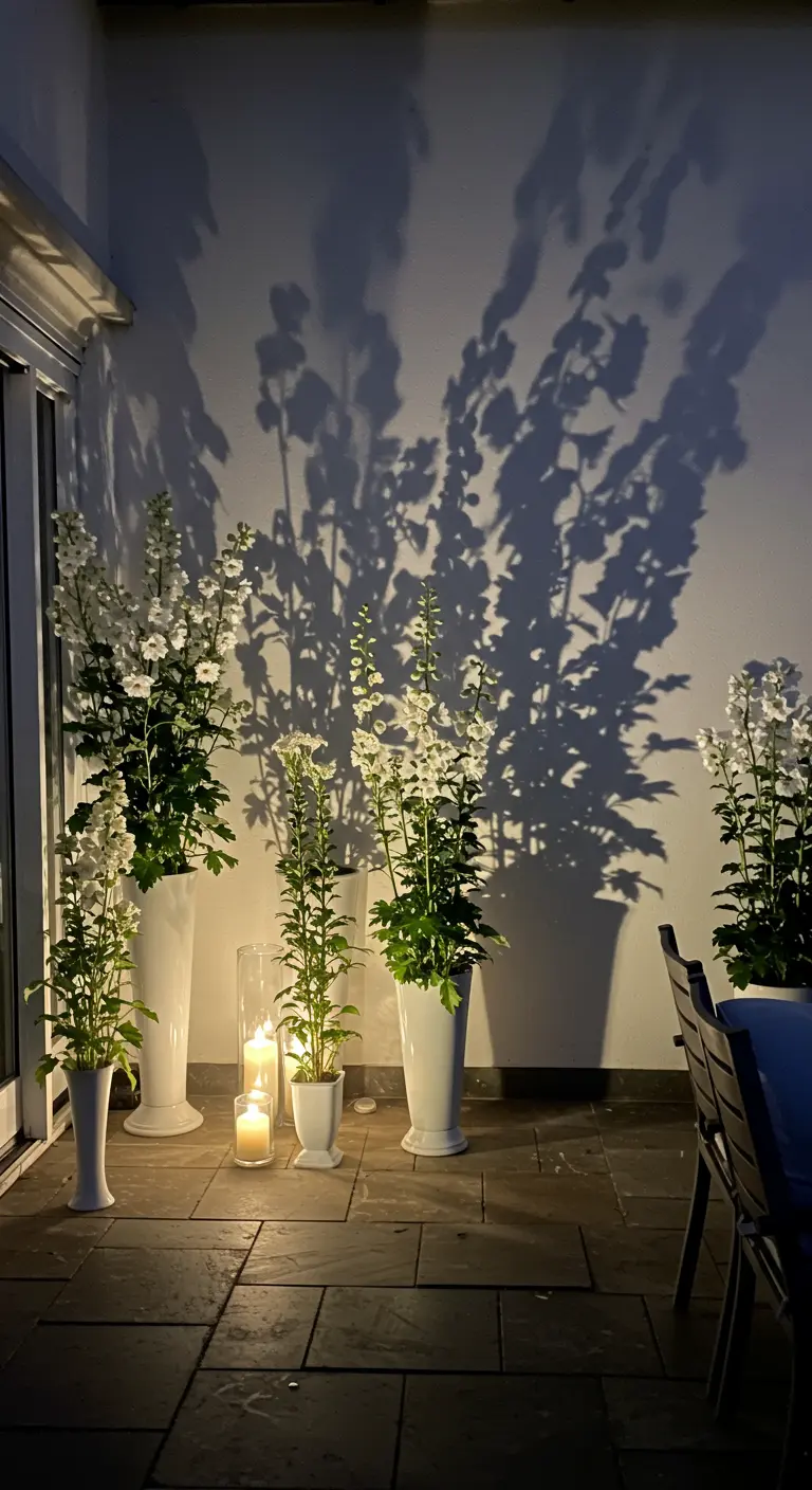 Tall white flowers in vases casting dramatic, large shadows on the wall behind them.