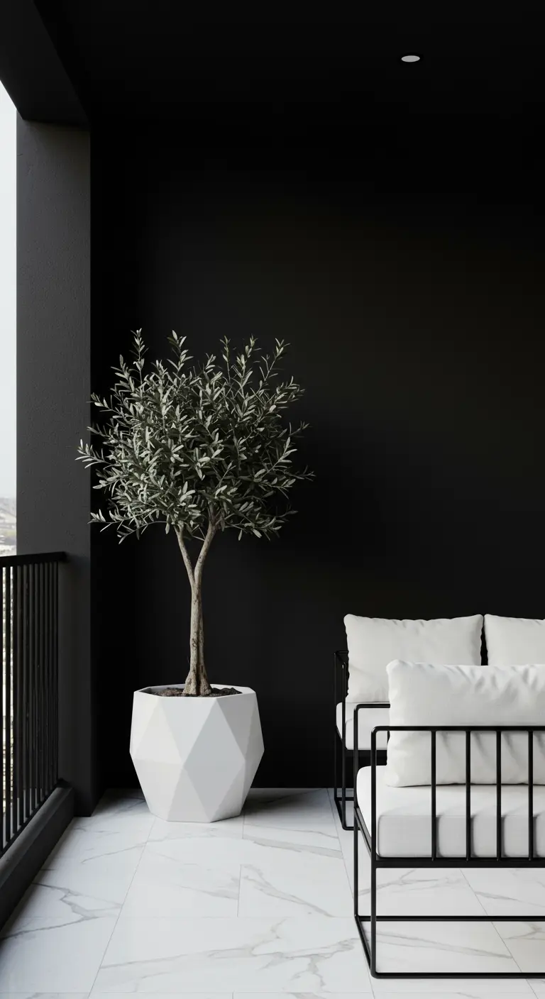 An olive tree in a white geometric pot stands against a solid black balcony wall.