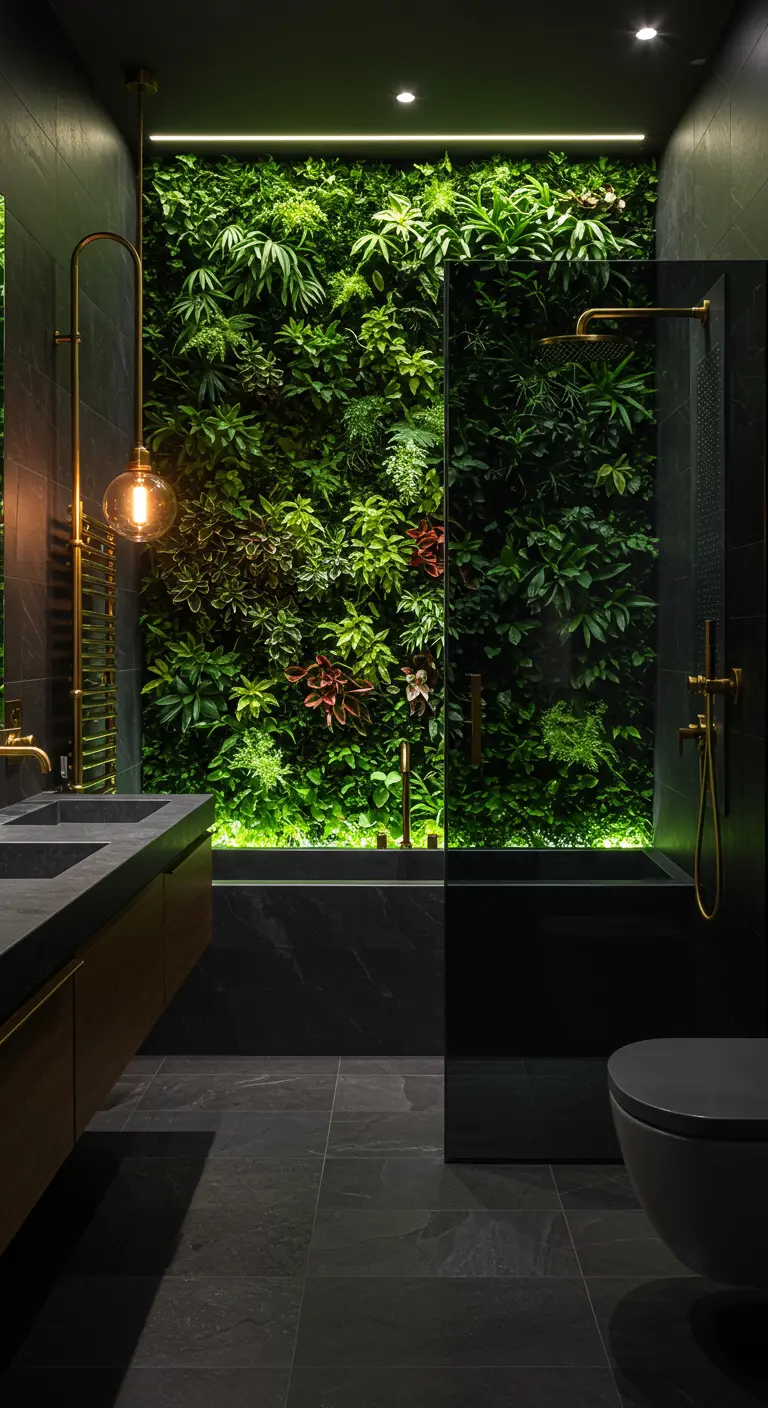 Dark, moody bathroom with an illuminated living wall and brass fixtures.