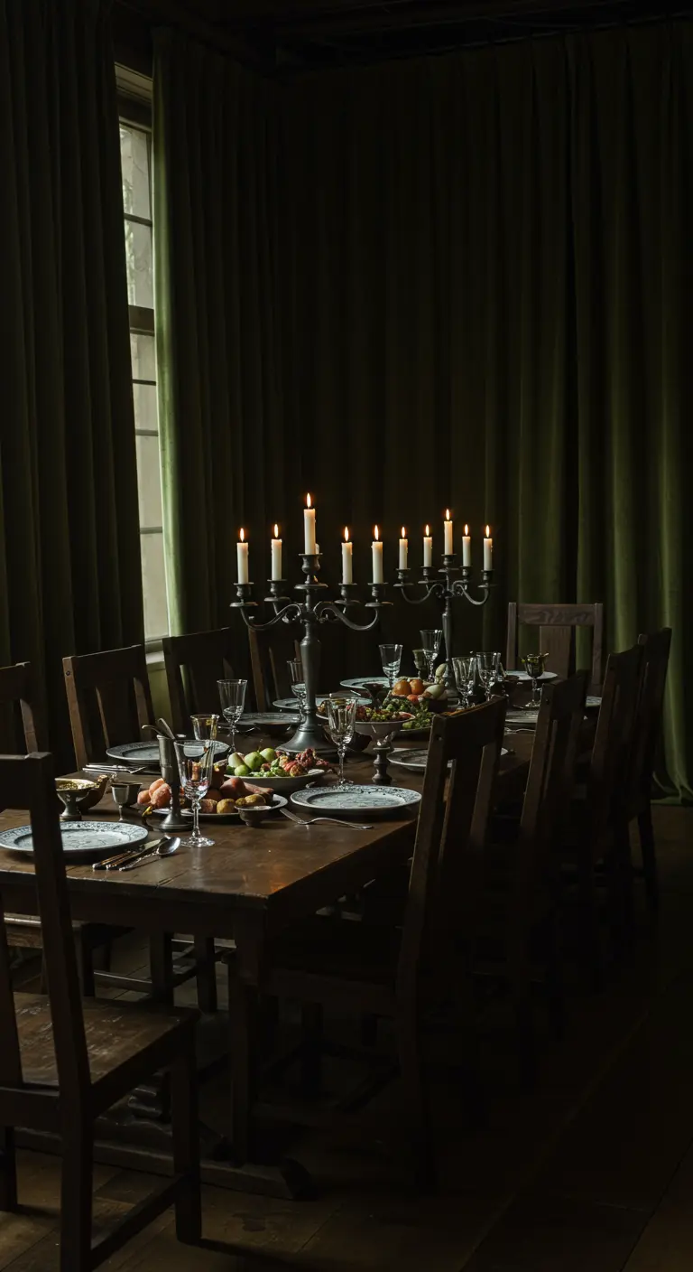 A long dining table set for a banquet, illuminated by a candelabra in a dark green room.