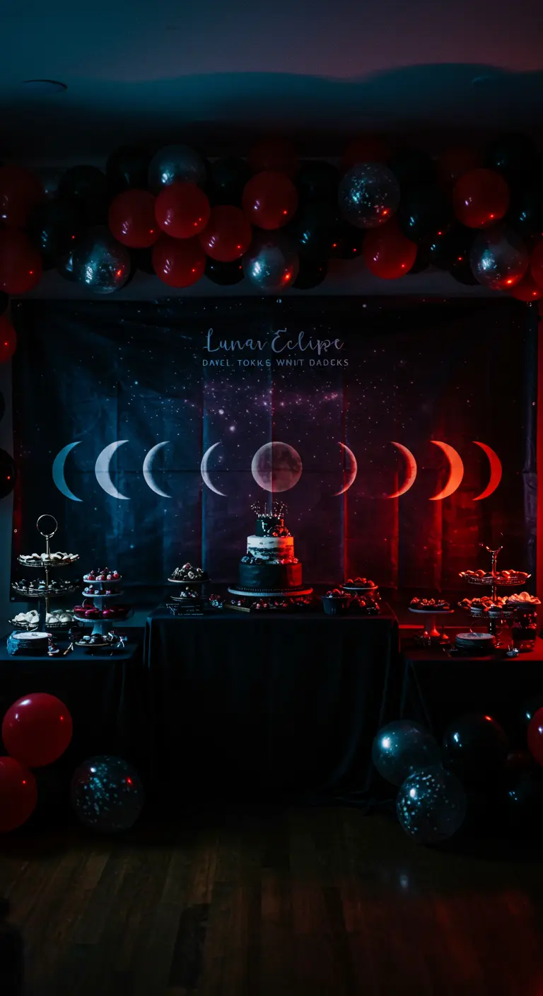 A lunar eclipse phase backdrop dramatically lit with red and blue lights.
