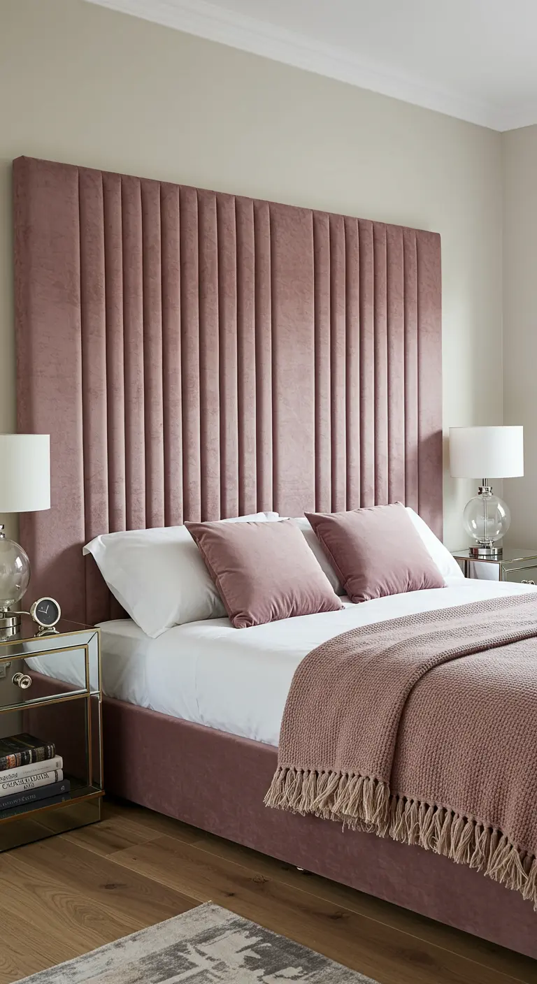 A tall, channel-tufted headboard in dusty rose velvet behind a bed.