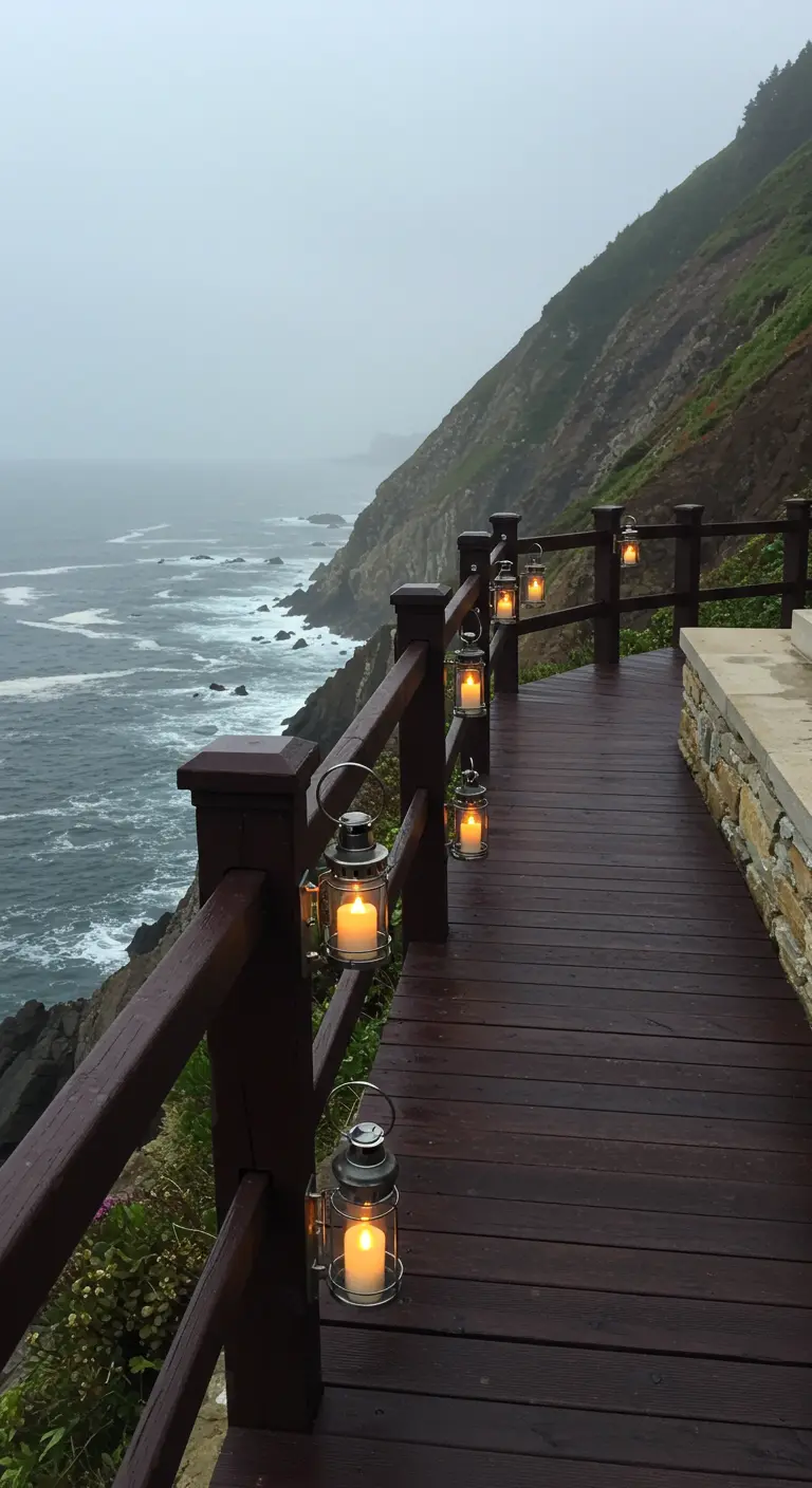 A dark wood boardwalk on a cliff over the ocean is lit by small lanterns on the railing.