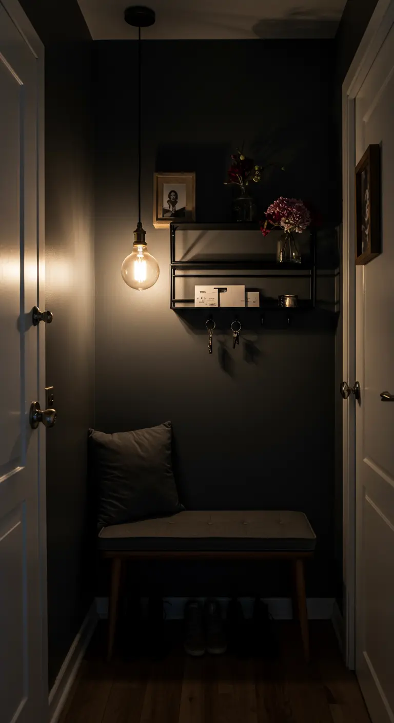 Dark entryway with a single exposed-bulb pendant light illuminating a bench and key shelf.