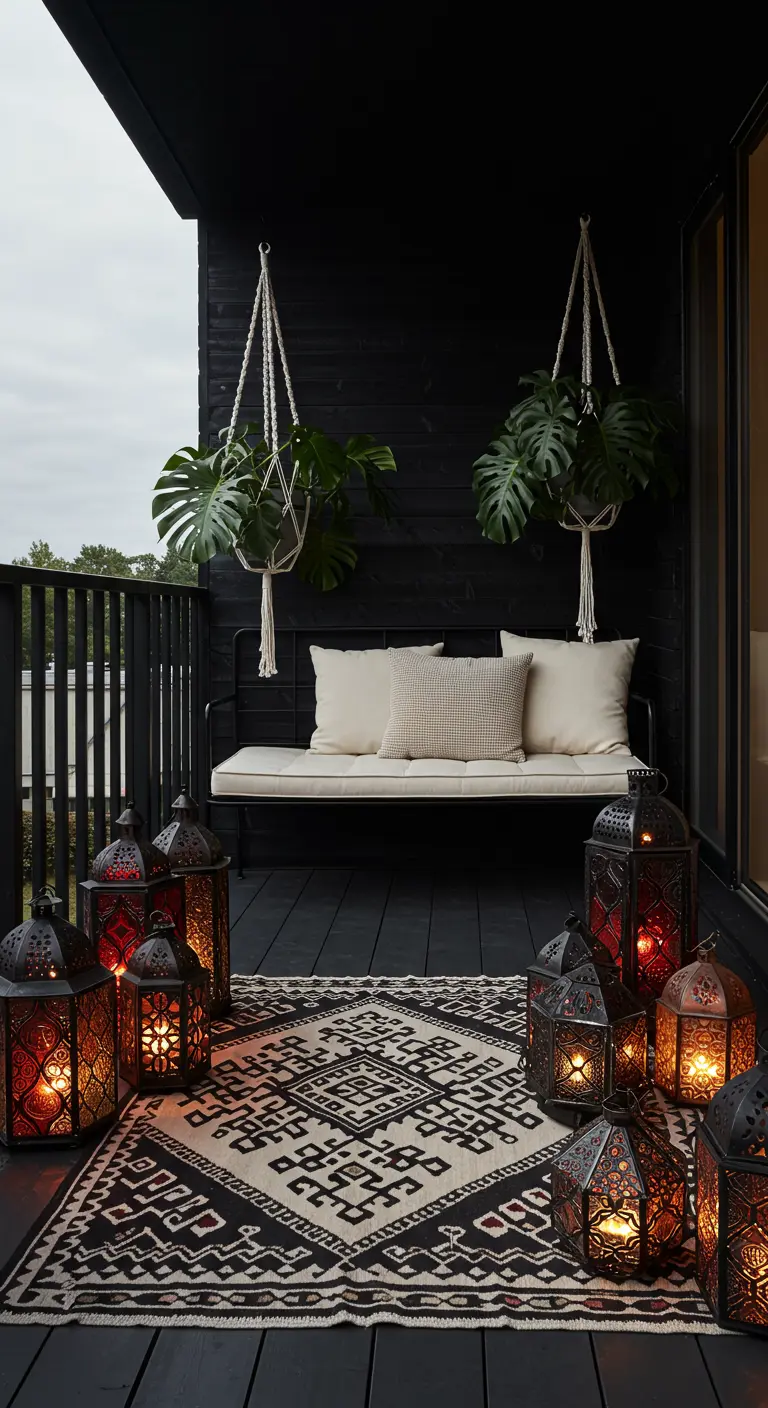 A modern balcony with black walls, a monochrome rug, and Monstera plants in macrame hangers.