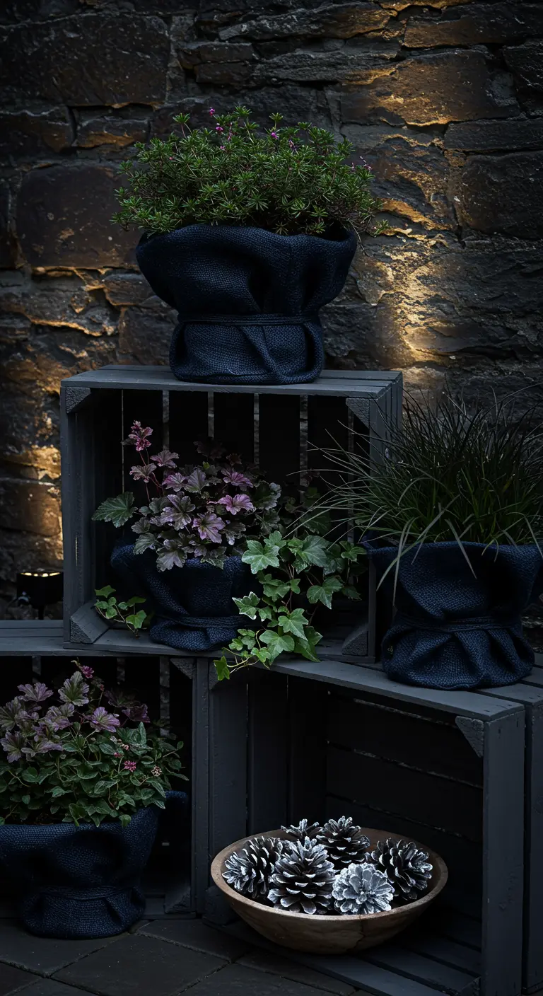 Black crates and dark burlap planters hold purple heuchera and ivy against a dark wall with uplighting.