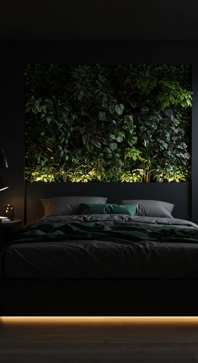 A dark bedroom with a living wall dramatically lit from below.