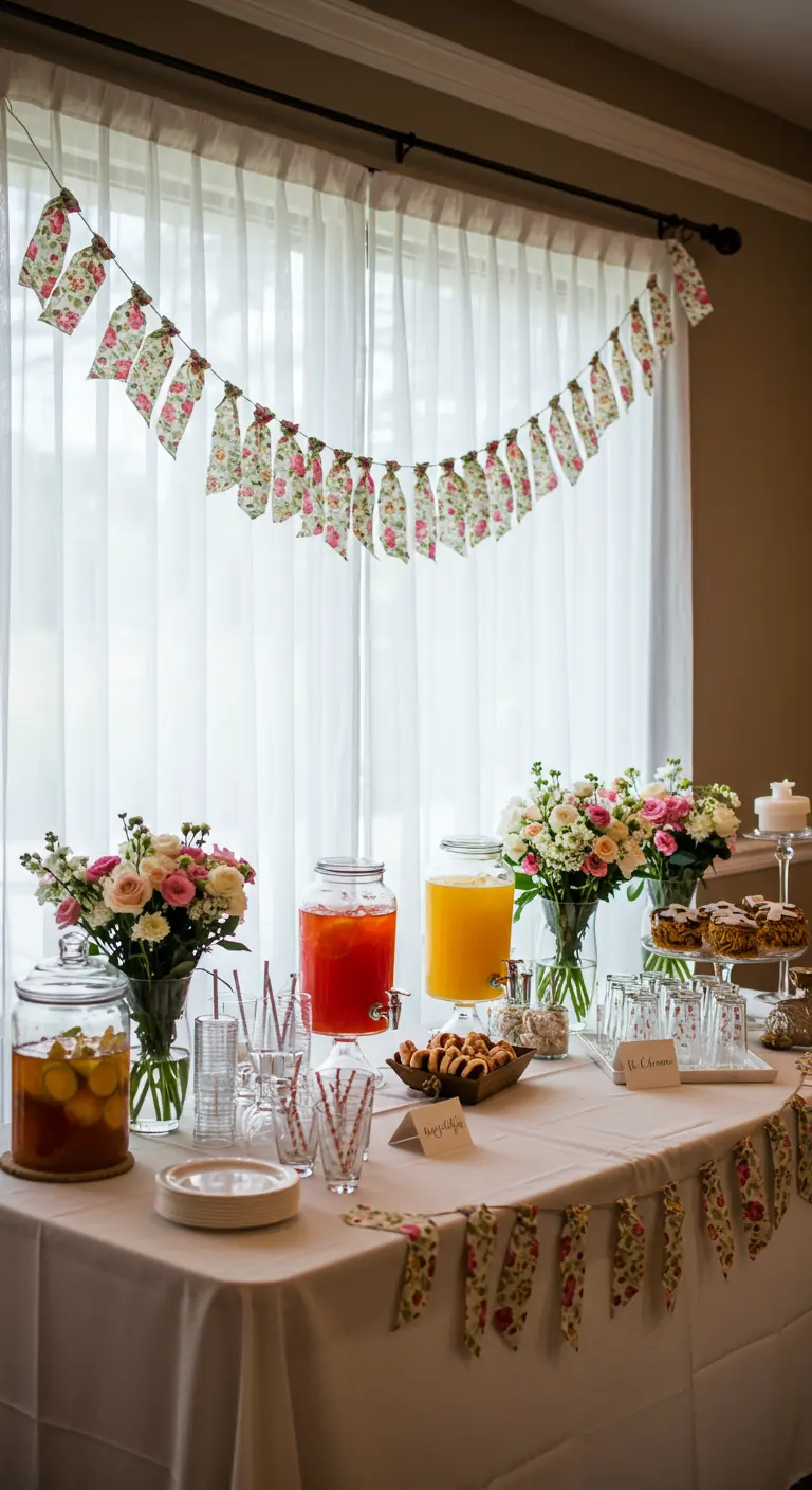 A drink station decorated with a draped floral fabric banner.