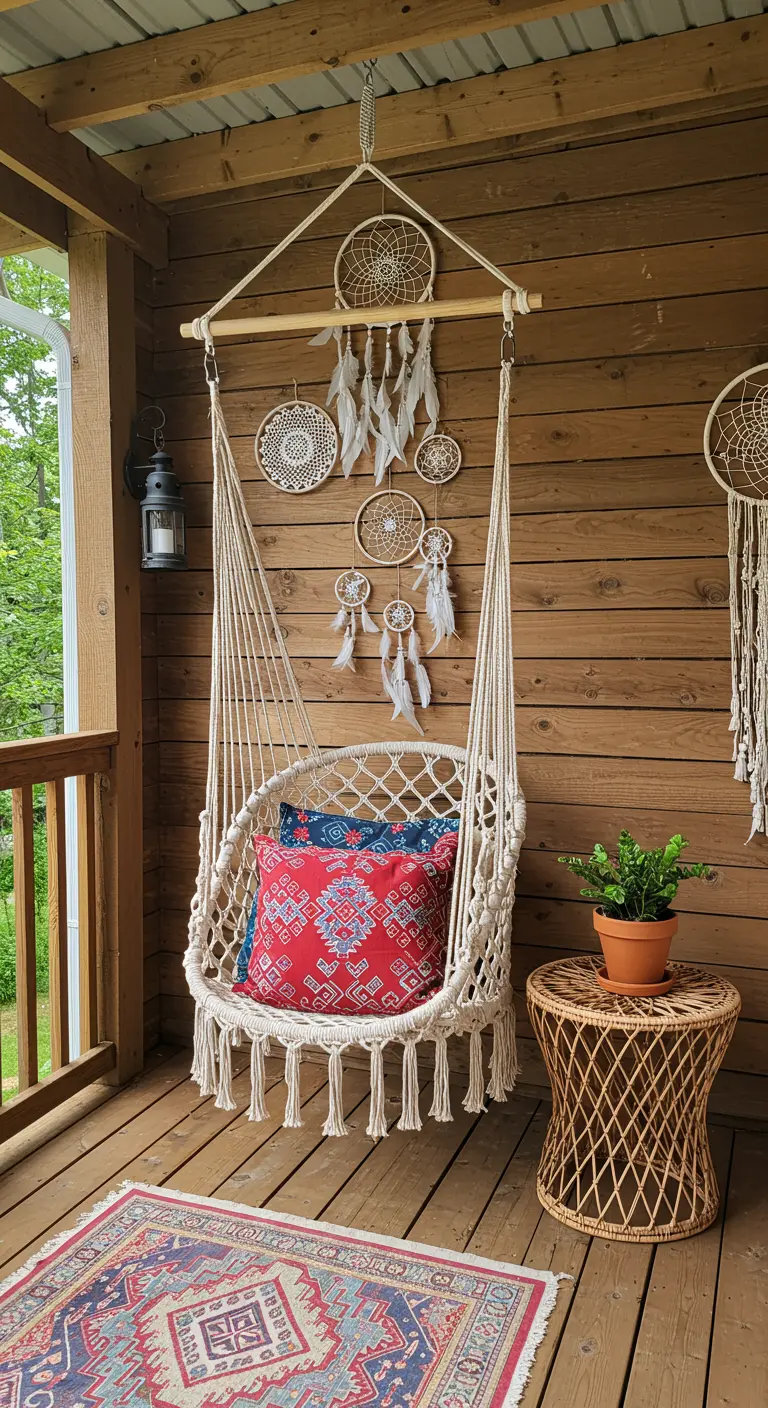 A macrame hanging chair on a porch, styled with a patterned pillow and dreamcatchers.