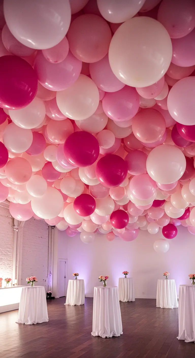 A ceiling completely covered in a dense cloud of pink and white balloons.