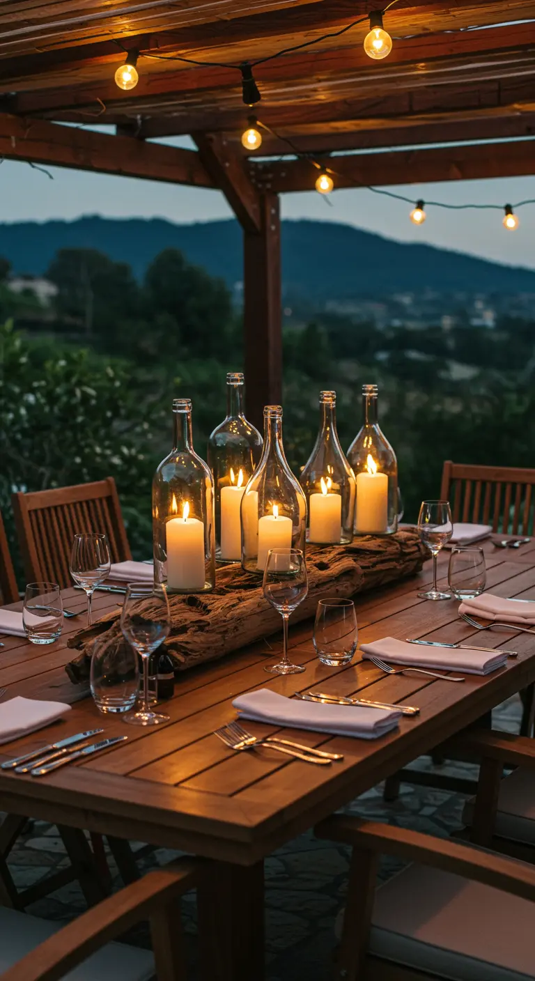 An outdoor dining table with a driftwood centerpiece holding clear wine bottles with candles.