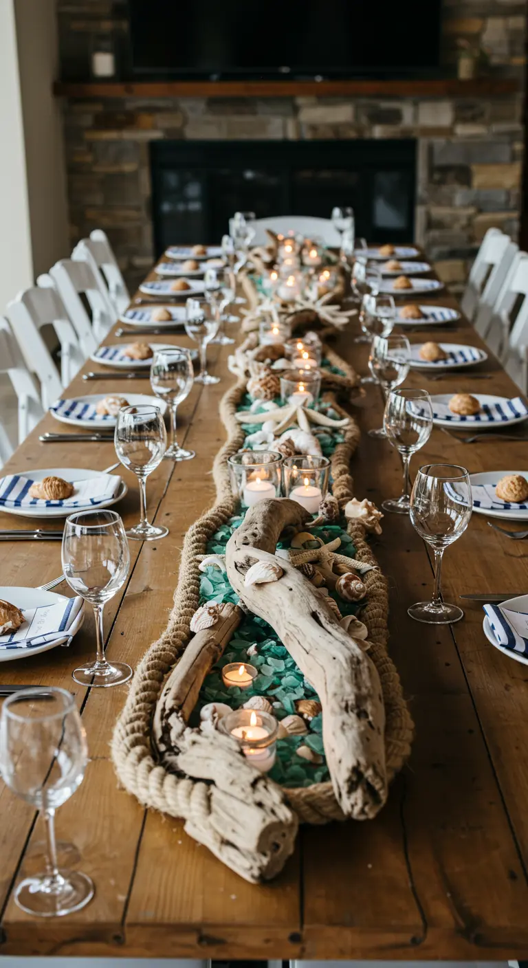 Long wooden table with a centerpiece made of rope, sea glass, driftwood, and candles.