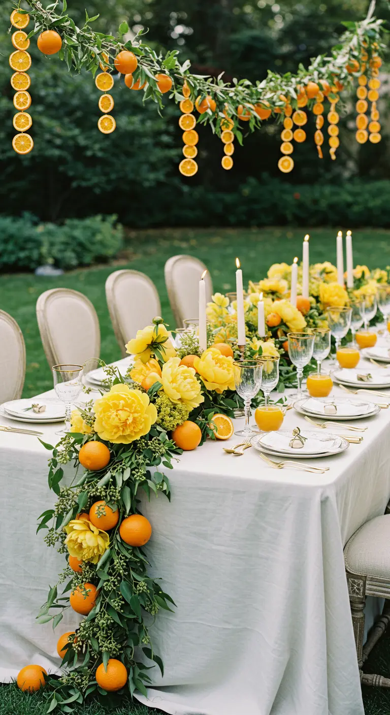 Elegant garden table with a floral runner and a hanging garland of dried orange slices.