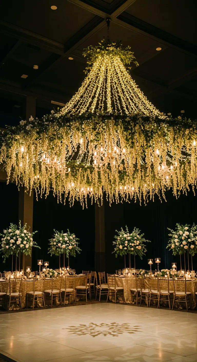 A huge hanging floral chandelier with white flowers and cascading fairy lights.