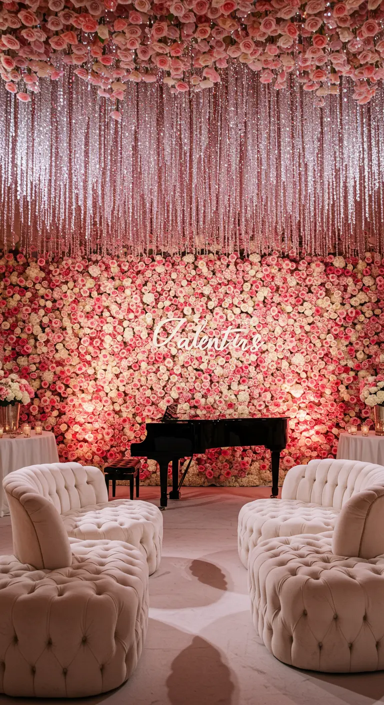 A glamorous room with a flower wall and a ceiling dripping with sparkling streamers.