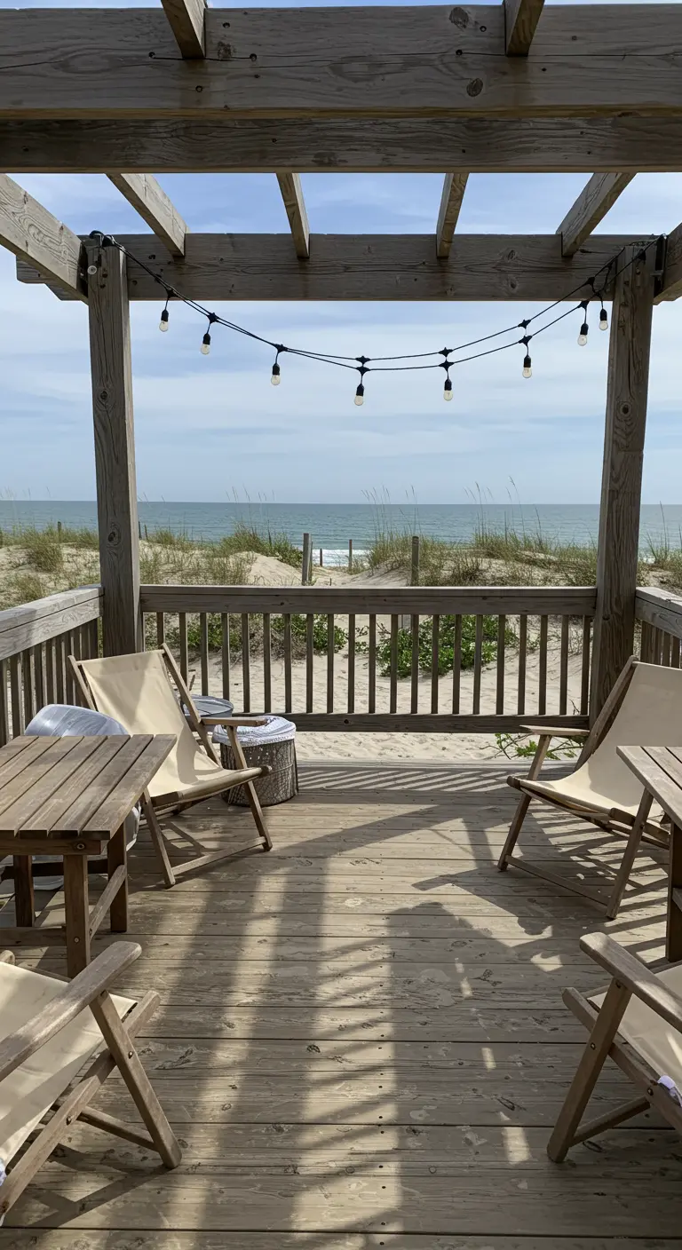 A weathered wood pergola on a beach deck with canvas chairs, overlooking the ocean and dunes.