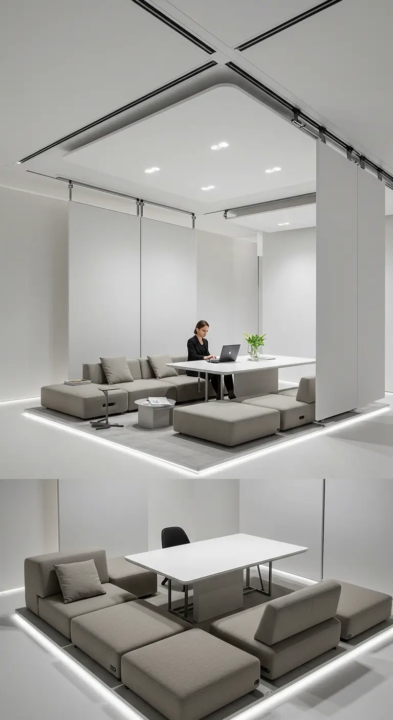 A multi-functional room with sliding panels and modular sofas that can be reconfigured.