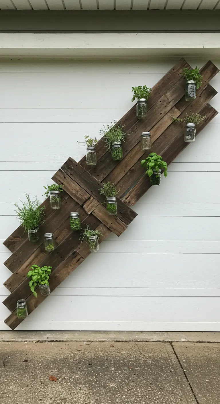 Reclaimed wood planks arranged diagonally on a white wall, holding a scattered array of herbs in jars.