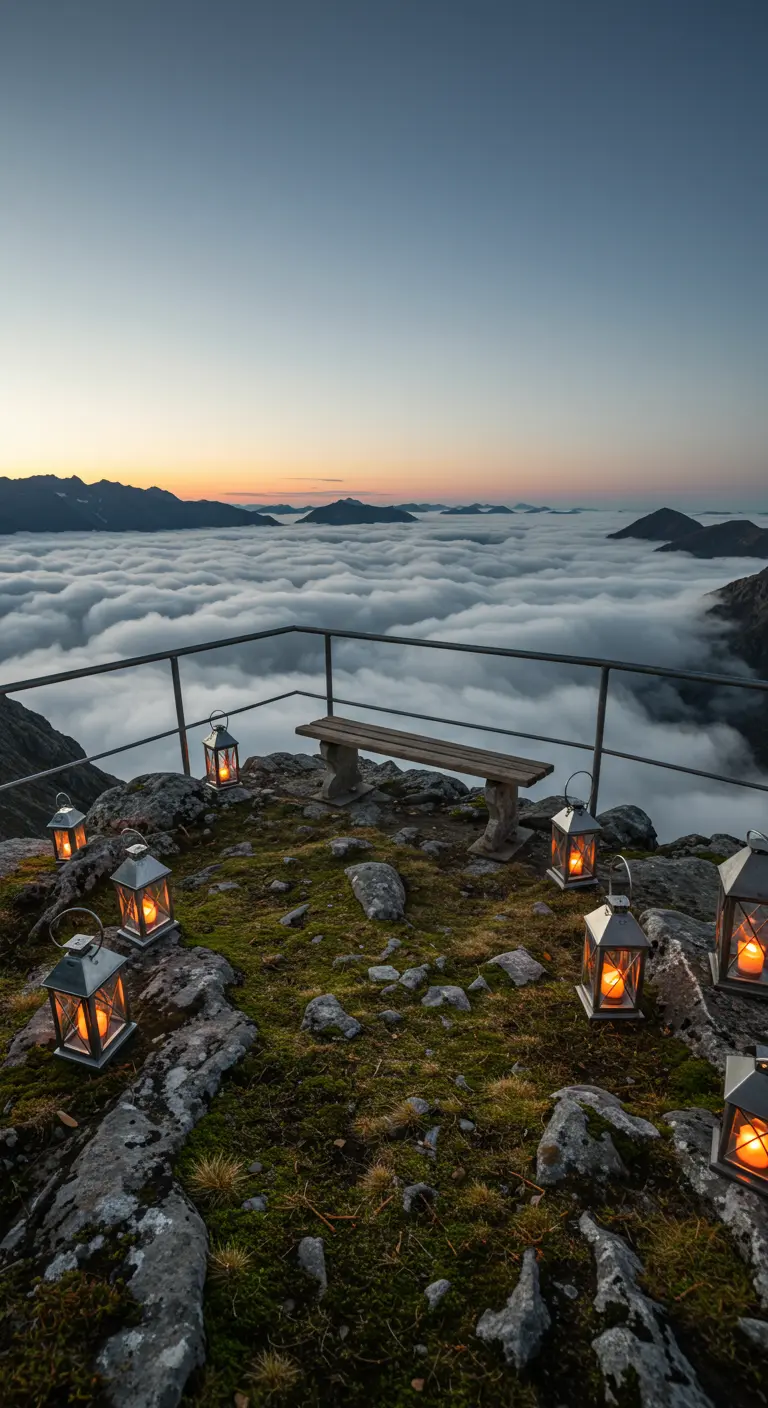 A mountain lookout point above the clouds, with lanterns on a mossy rock.