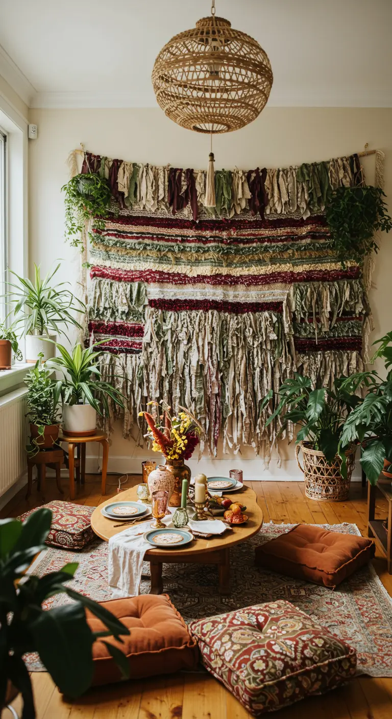 A large, textured wall hanging made from strips of fabric in earthy tones