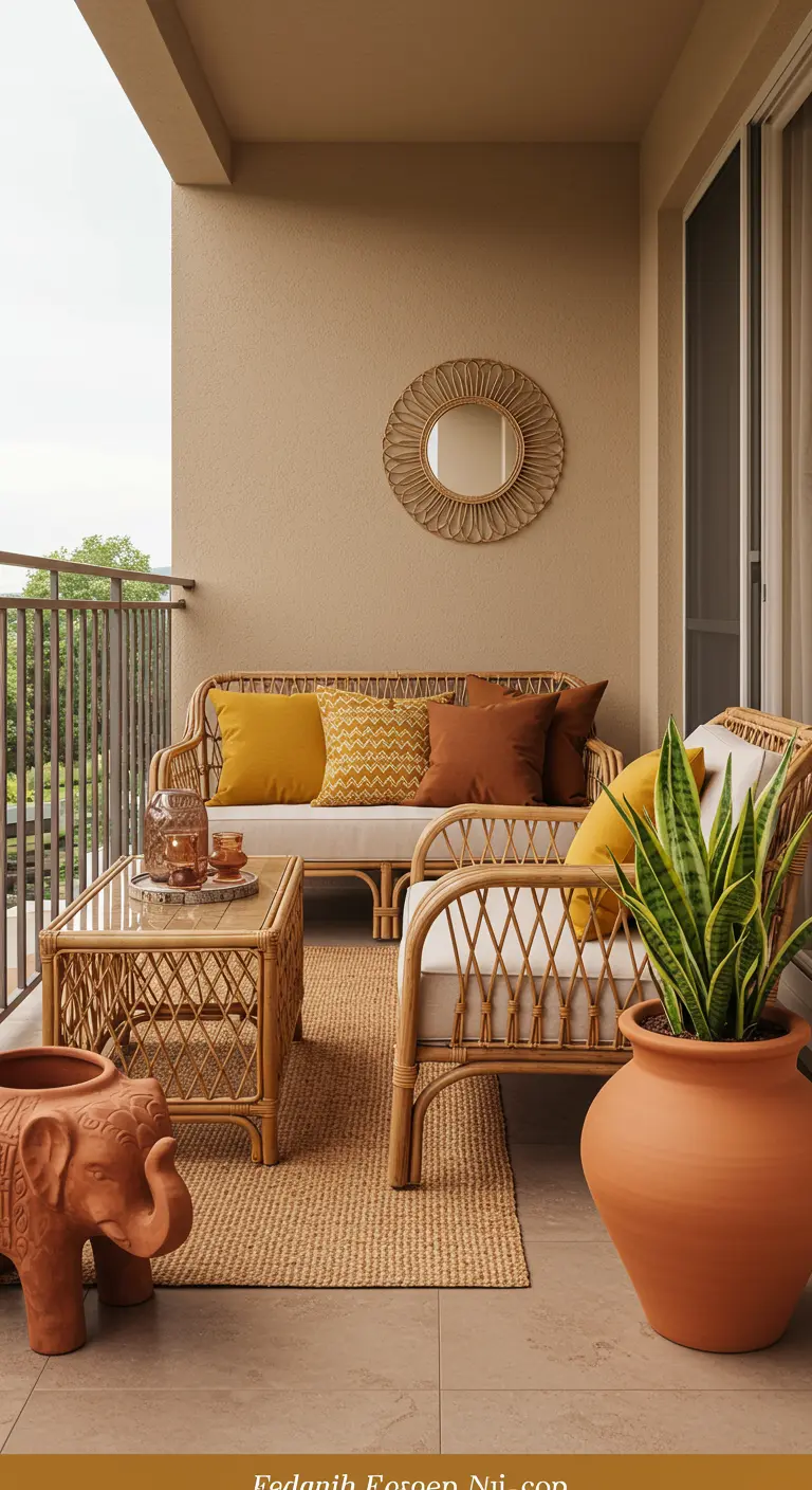 A balcony with a rattan furniture set, earthy-toned pillows, and a large terracotta elephant planter.