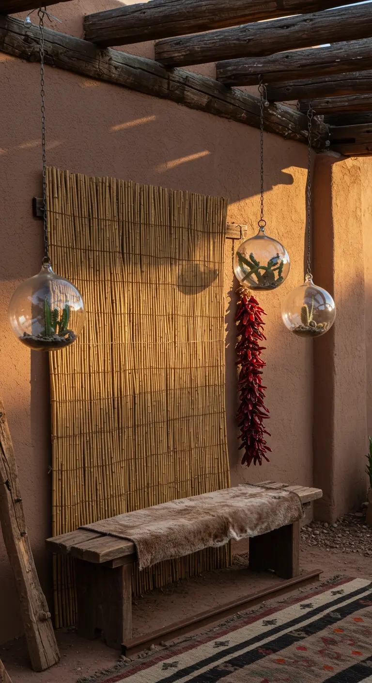 A Southwestern patio with an adobe wall, a bamboo panel, a hanging chili ristra, and globes.