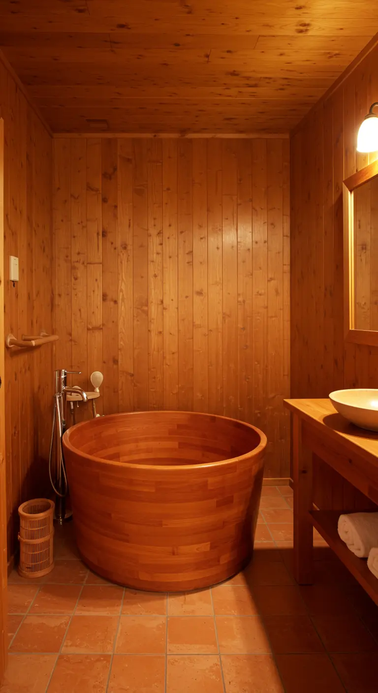 Simple wood-paneled bathroom with a round wooden tub and a terracotta tile floor.