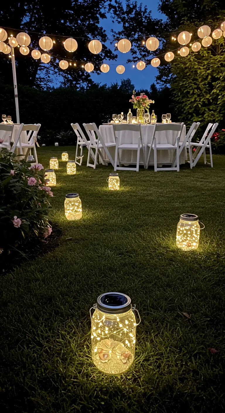 Mason jars filled with solar-powered fairy lights glowing on a lawn.