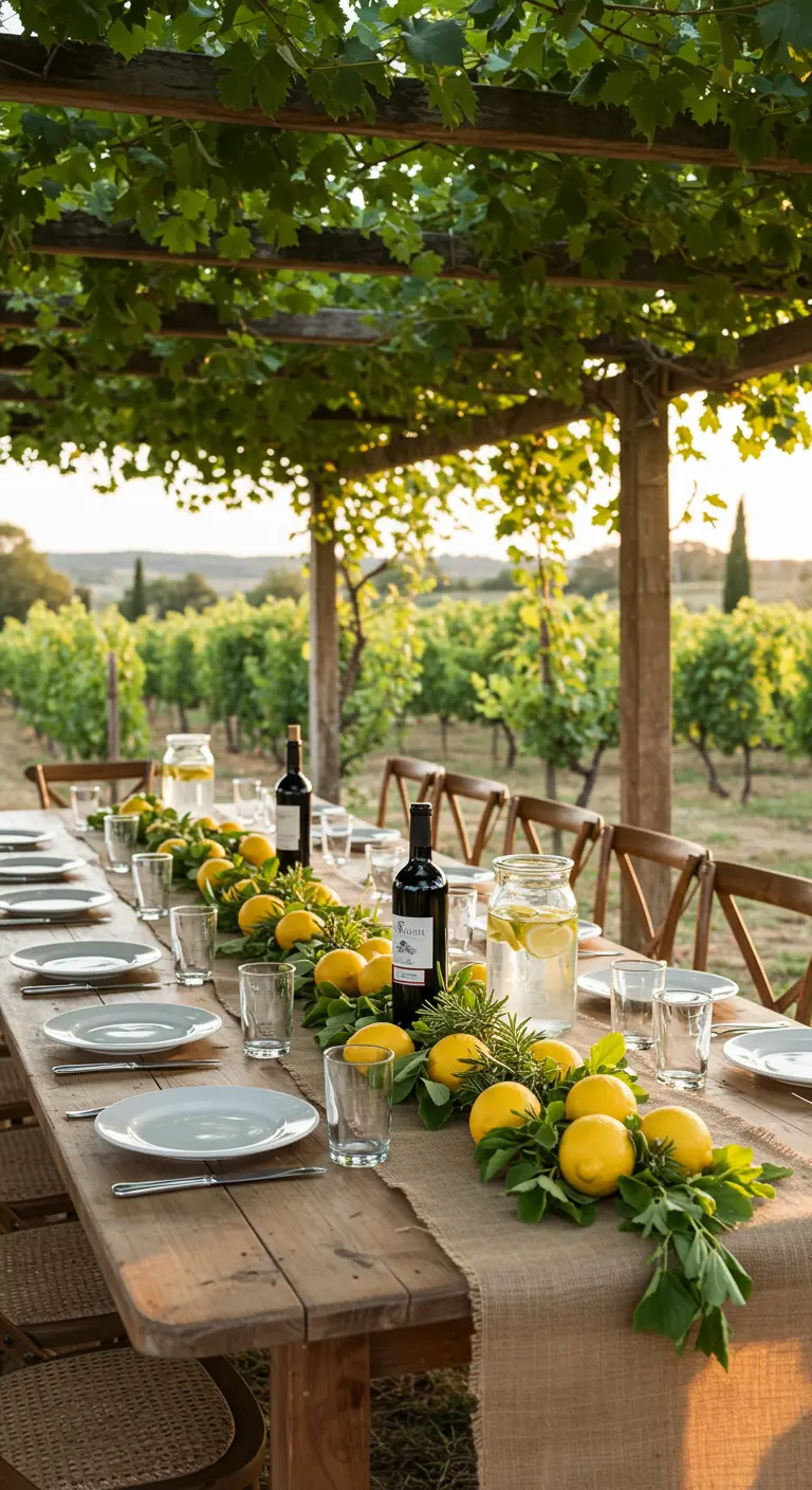 A long rustic wooden table with a burlap runner, decorated with a garland of lemons and rosemary.