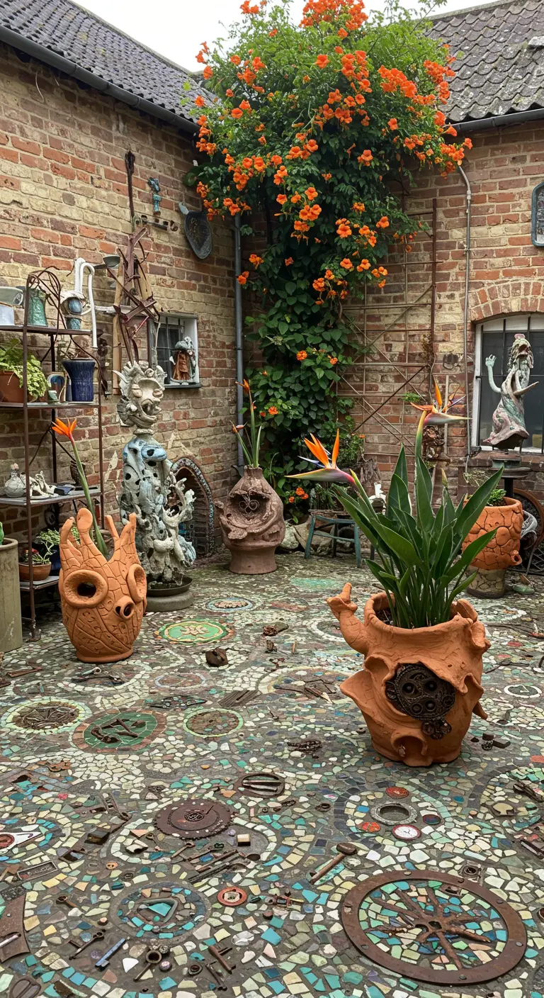 Quirky courtyard with a mosaic floor of gears and hardware, and unique sculptural pots.
