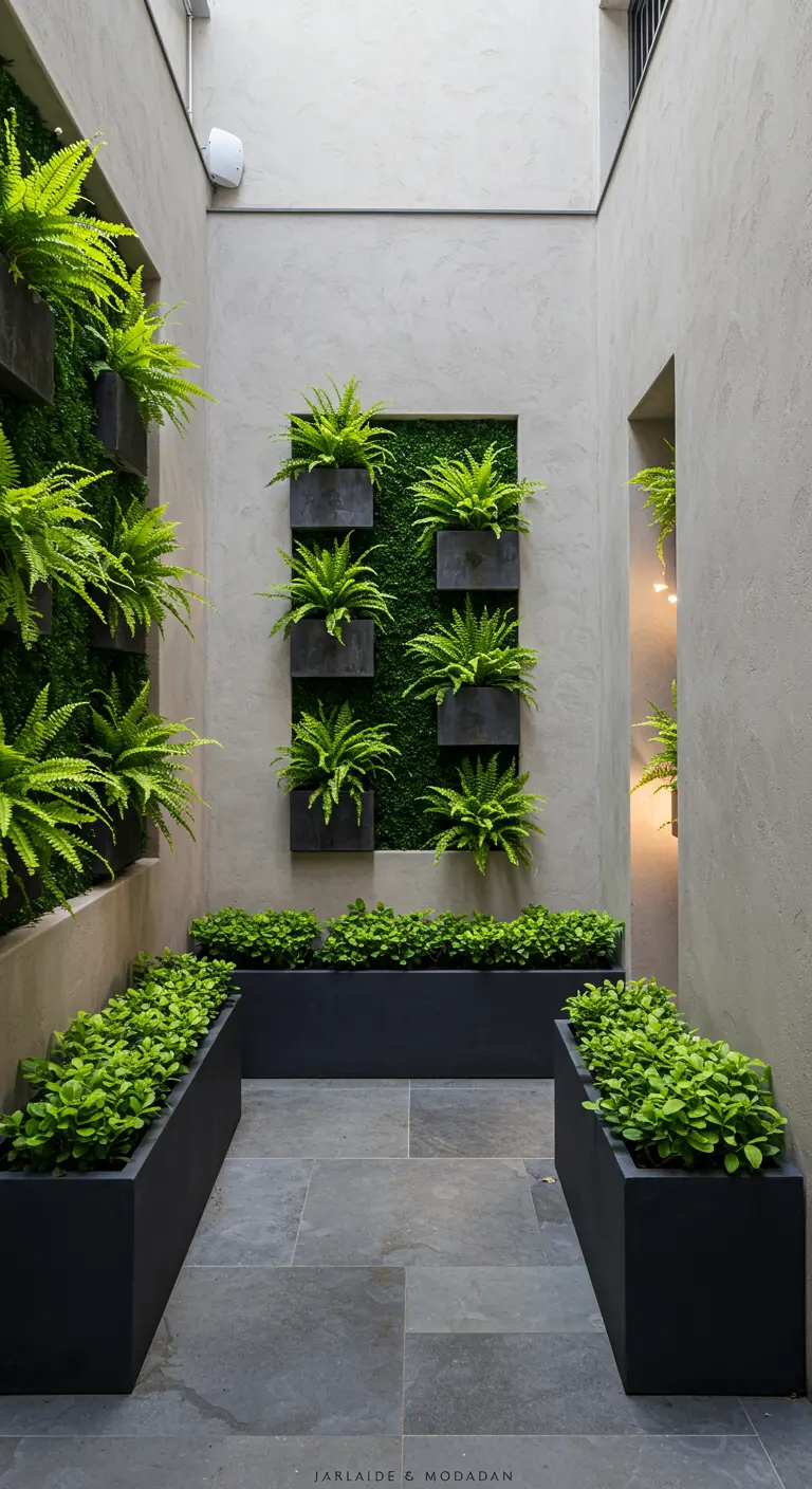 A narrow courtyard with ferns planted in recessed niches along the walls.