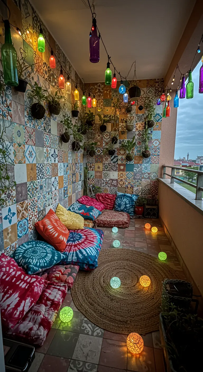 A bohemian balcony with colorful patchwork tiles, tie-dye cushions, and hanging bottle lights.