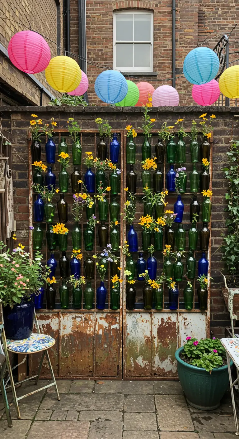 A colorful bottle garden on a rustic frame with bright flowers and lanterns.