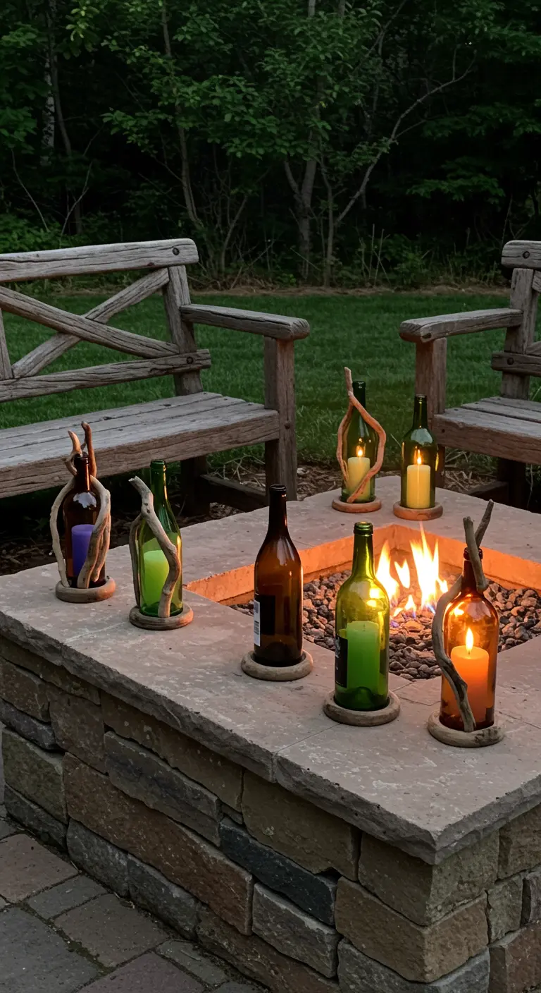 An eclectic mix of wine bottle candle holders and driftwood sculptures around a fire pit.