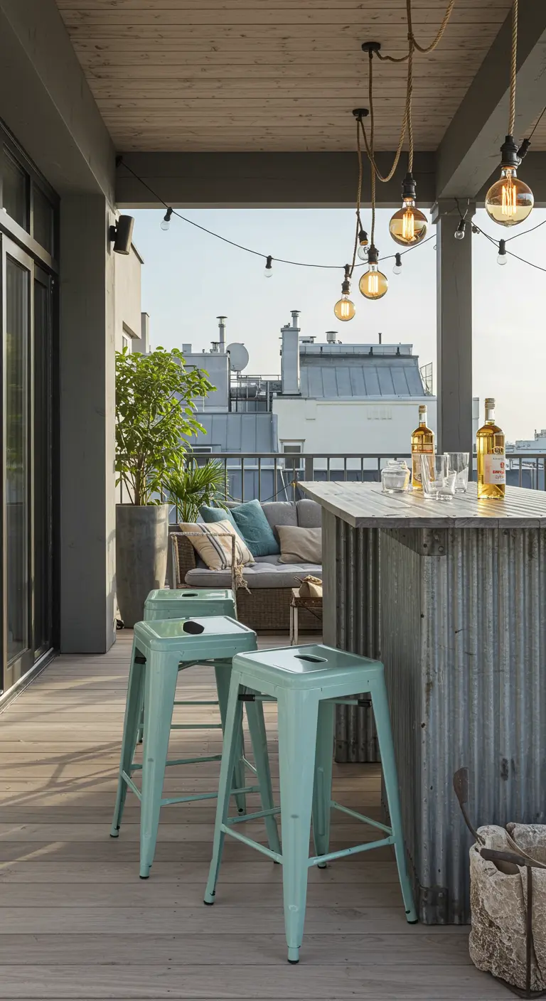 Mint green stools at a corrugated metal bar on a rooftop deck.