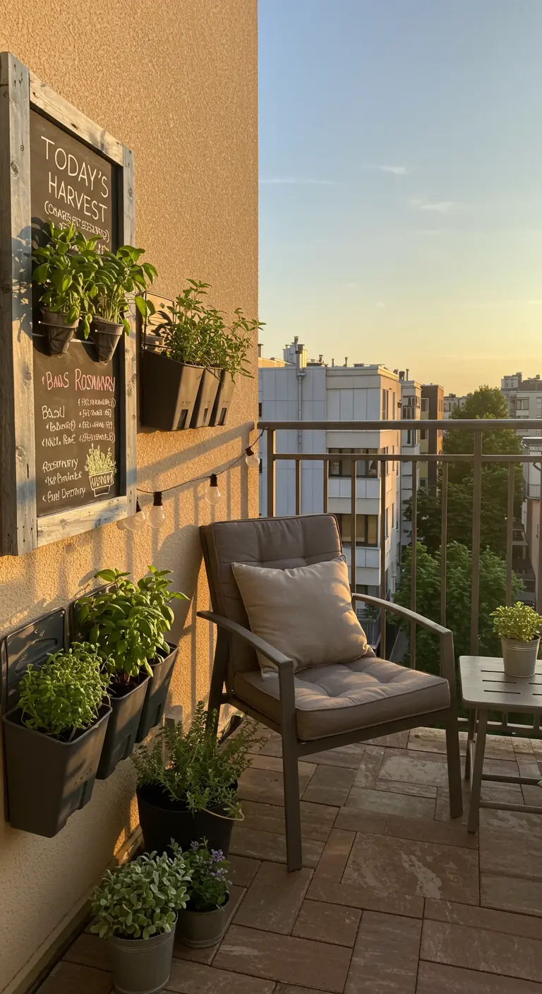 A chalkboard on a balcony wall with attached planters for fresh herbs.