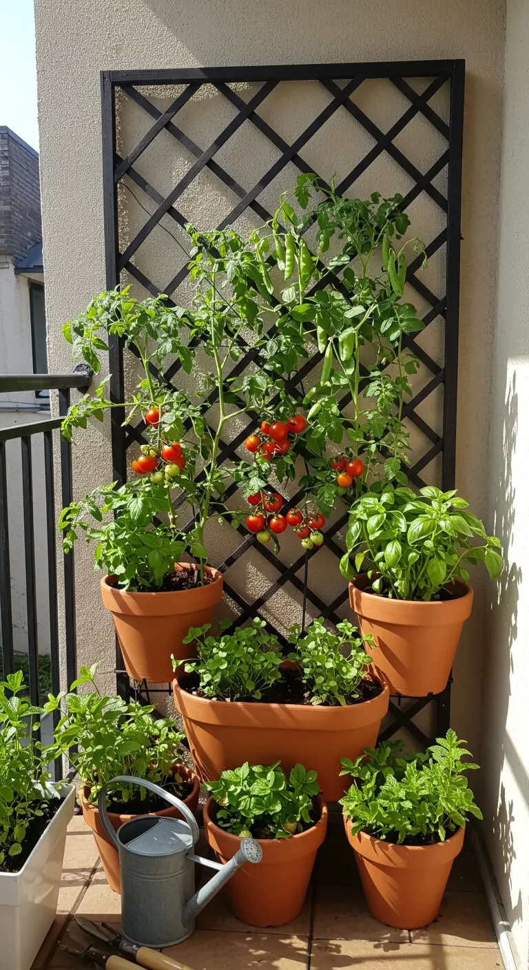 A vertical garden on a balcony with cherry tomatoes and herbs growing on a trellis.