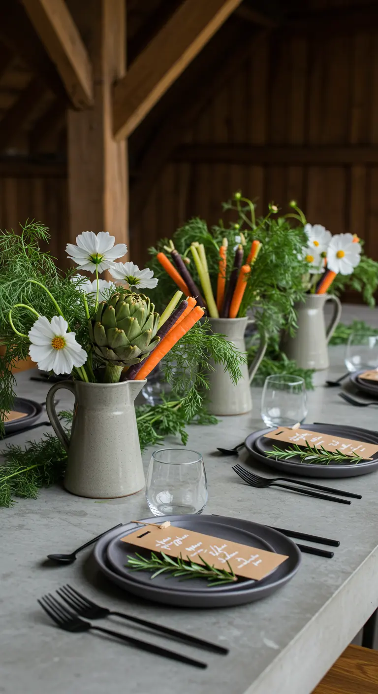 A modern tablescape with centerpieces made of fresh vegetables like carrots and artichokes.