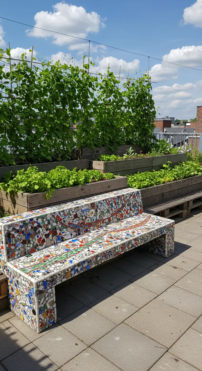 Colorful mosaic bench in front of raised vegetable garden beds on a rooftop.