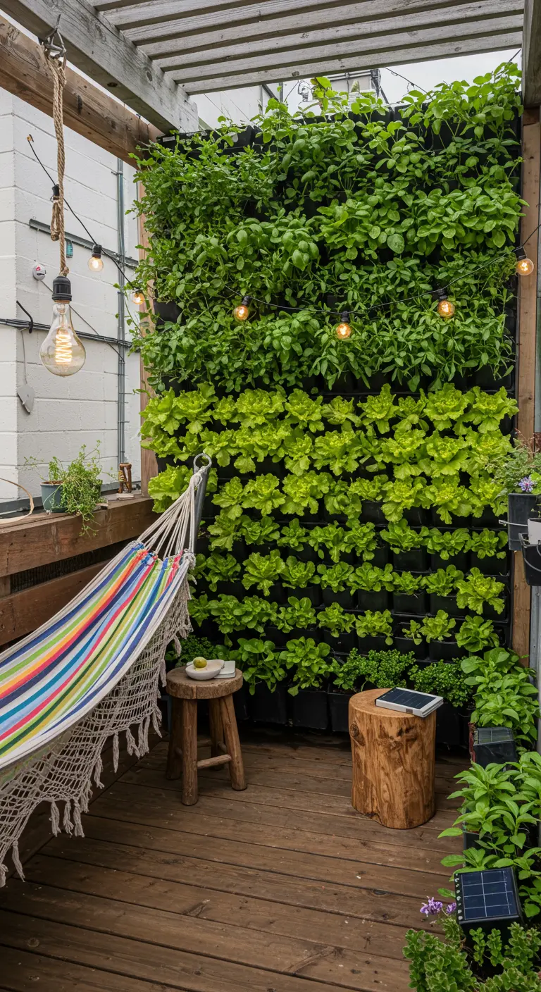 A striped hammock next to a large vertical garden wall growing lettuce and herbs on a balcony.