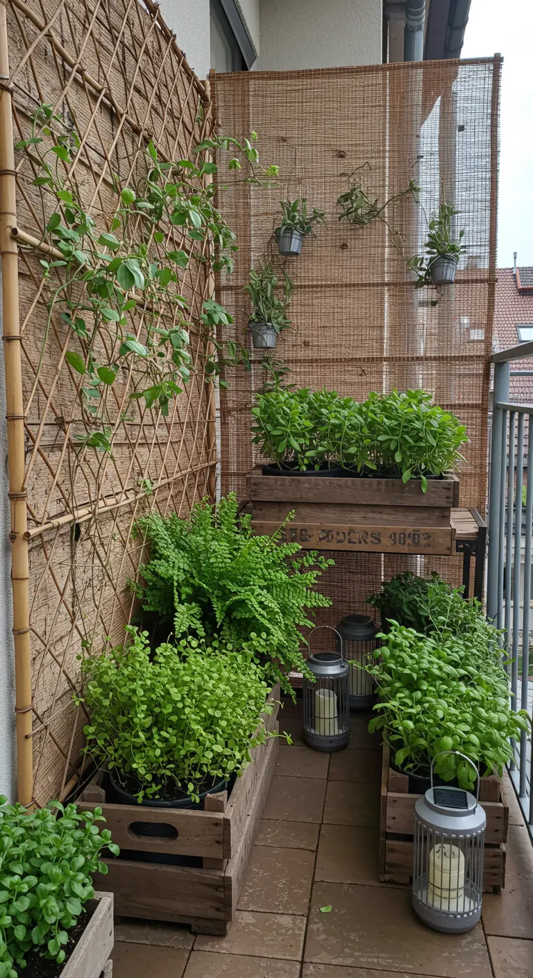 A balcony garden using a bamboo trellis and wooden crates to grow herbs and ferns.