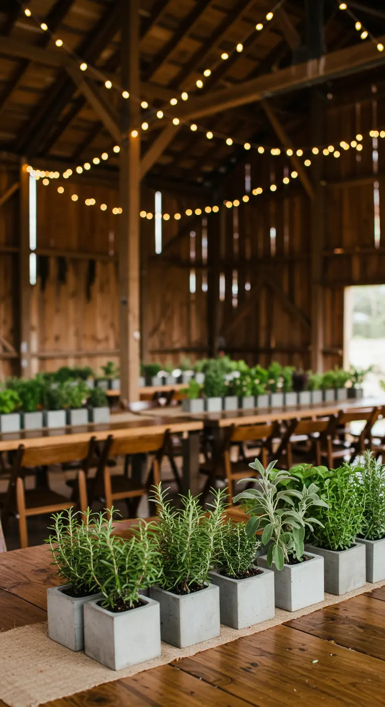 A row of square concrete planters with fresh herbs running down a rustic wooden table.