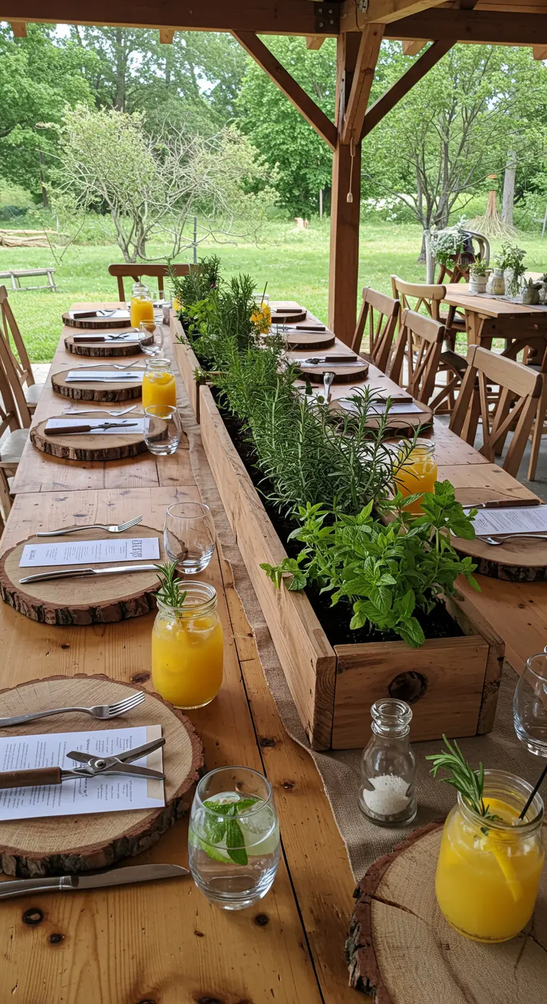 A long wooden planter filled with fresh herbs runs down the center of a rustic dining table.